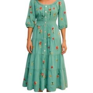 Anthropologie Fig and Flower Aqua Floral Embroidered Maxi Dress Button Front